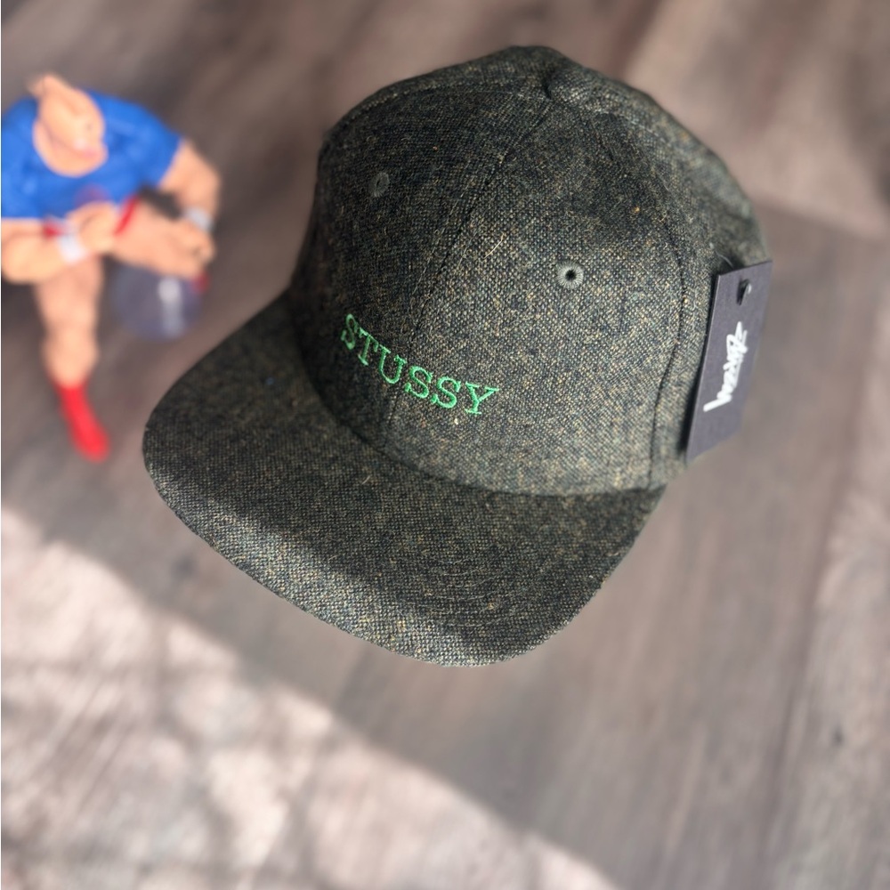 NWT Stussy Pop Logo Green Tweed Strapback Cap